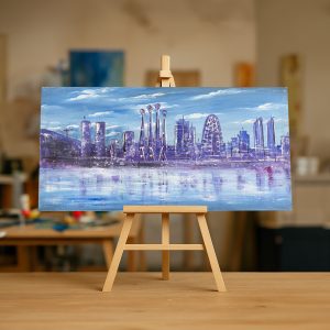 cuadro del skyline de barcelona en colores azules y lilas