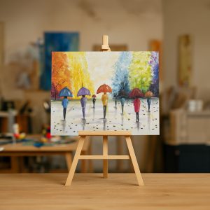 Pintura al óleo de personas caminando bajo la lluvia con paraguas de colores, rodeados de árboles en tonos otoñales y primaverales.
